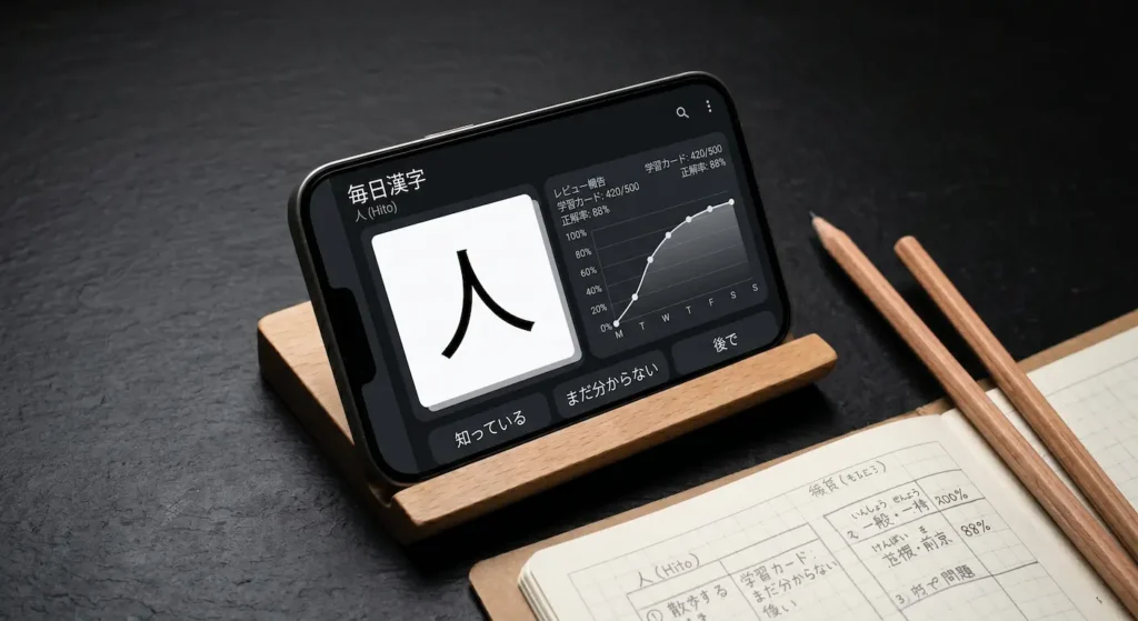 Un teléfono móvil sobre un escritorio mostrando una aplicación de tarjetas de memoria con la gráfica de la curva del olvido. La mejor forma de aprender kanjis para principiantes