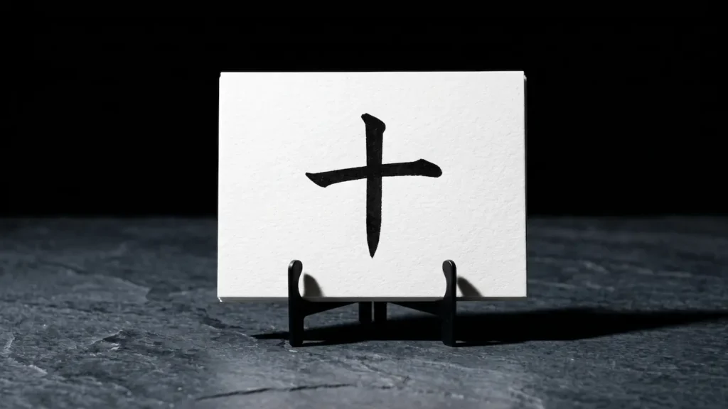 una tarjeta de estudio blanca de alto gramaje con el kanji de diez escrito en un trazo regular firme y negro