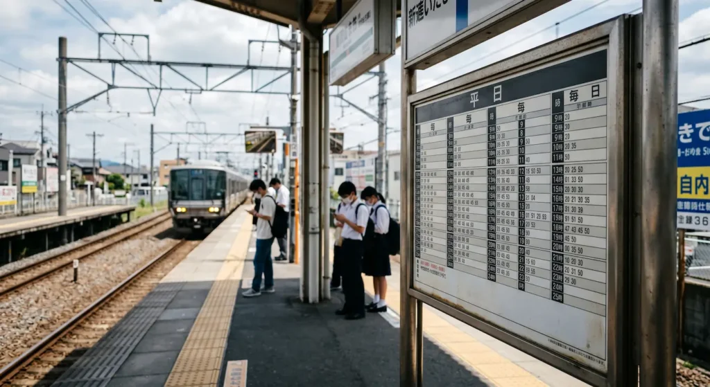 Un cartel de horarios analógico en una estación de tren local de Japón que muestra los kanjis de los días y las horas