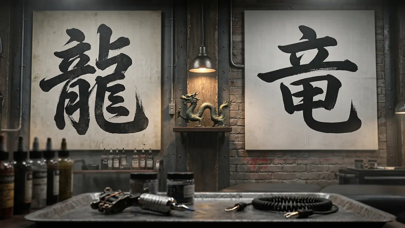Dos lienzos de caligrafía japonesa en un estudio de tatuajes comparan las formas tradicional y simplificada del kanji de dragón, 龍 y 竜.