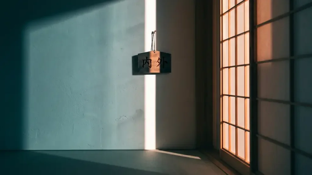 Vista de un cartel de señalización interior minimalista en una casa tradicional japonesa que separa los conceptos de espacio interno y externo