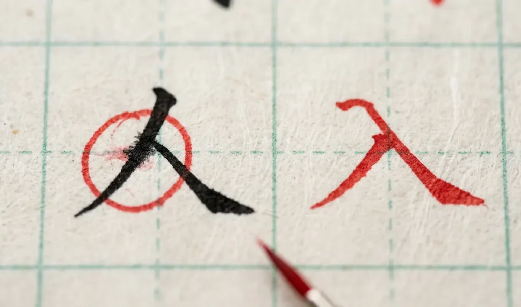 Primer plano extremo de los kanjis de persona y entrar escritos uno al lado del otro en papel cuadriculado para comparar sus trazos