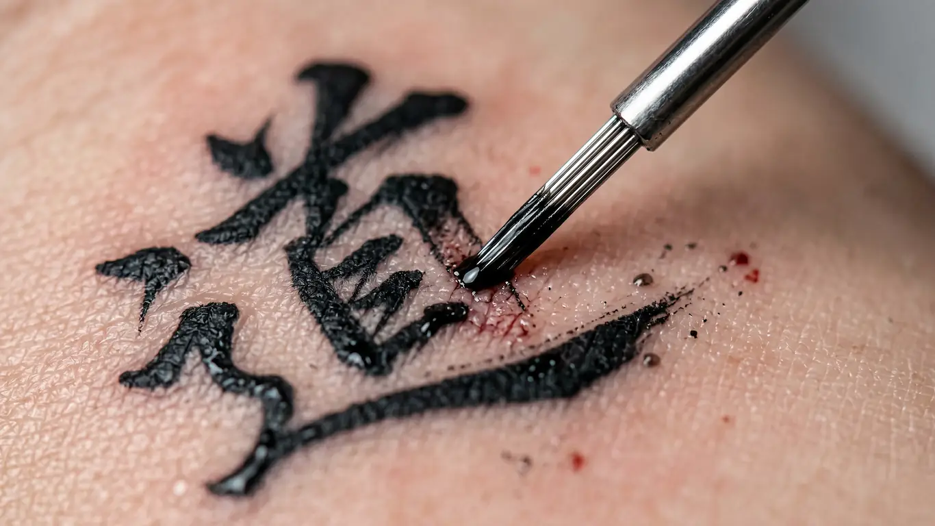 Primer plano macro de una aguja aplicando tinta negra para formar un tatuaje japones caligráfico.