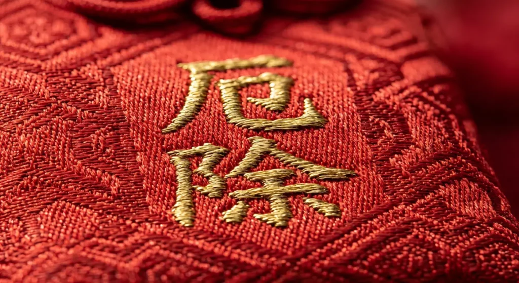 Tejido de seda de un amuleto omamori rojo, destacando el bordado dorado del kanji de protección