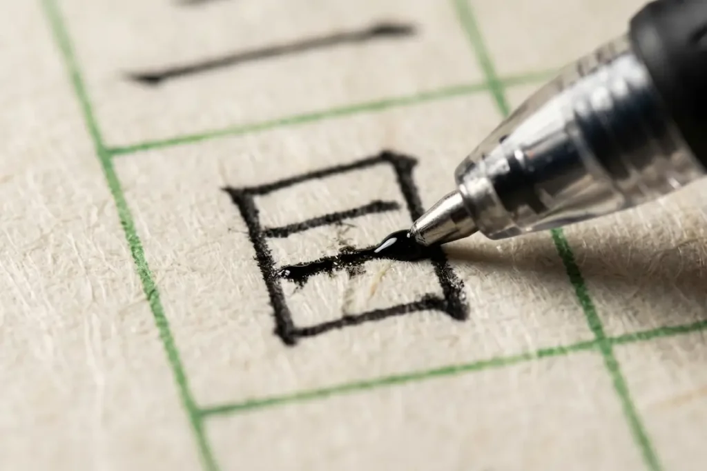 Primer plano extremo de un bolígrafo de gel perfilando las líneas internas del kanji de ojo en un papel de cuadrícula japonés.