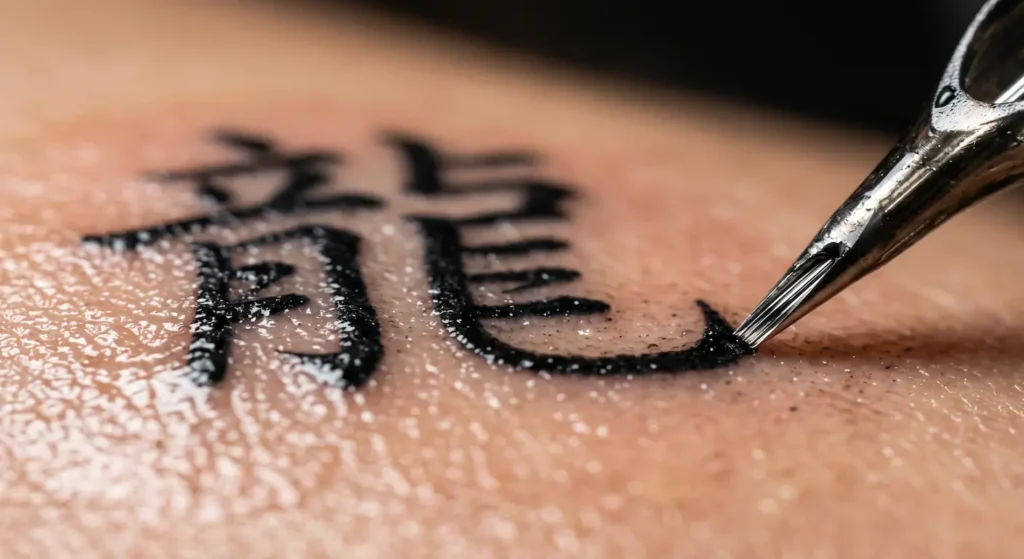 Primer plano extremo de la aguja de un tatuador perfilando el final en forma de gancho hane de un carácter japonés.