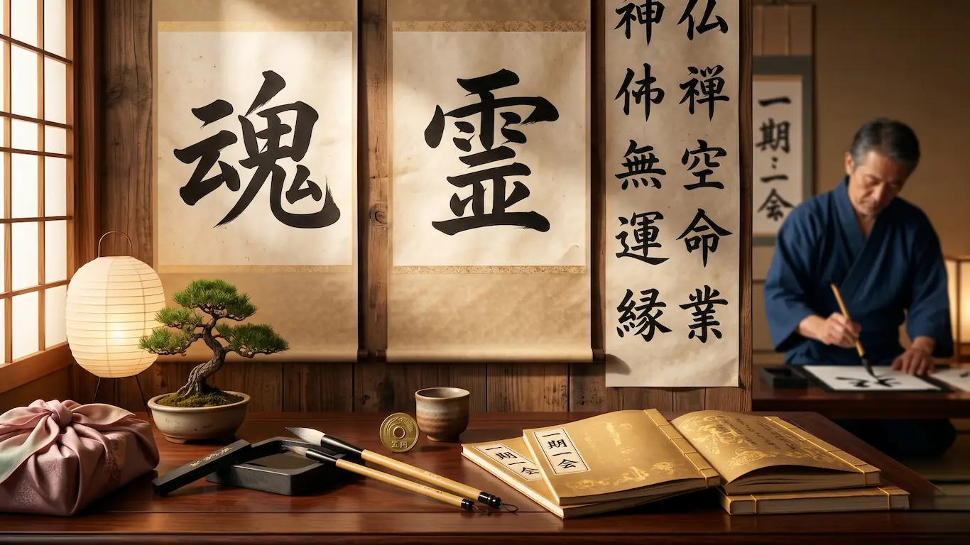 Pergaminos con caligrafía japonesa tradicional de los kanjis del alma y el espíritu en un estudio de Shodo
