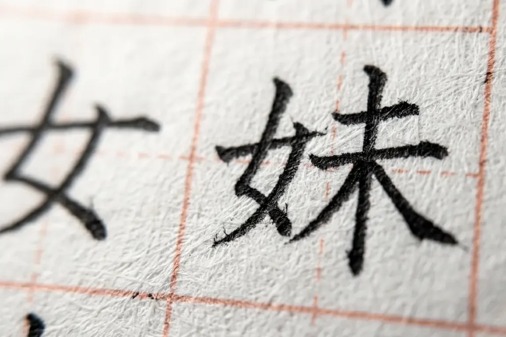 El radical de mujer y el componente de crecimiento incompleto en el kanji de hermana menor
