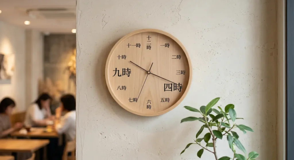 Un reloj de pared analógico minimalista japonés en una cafetería de Tokio con marcas de las horas en kanji