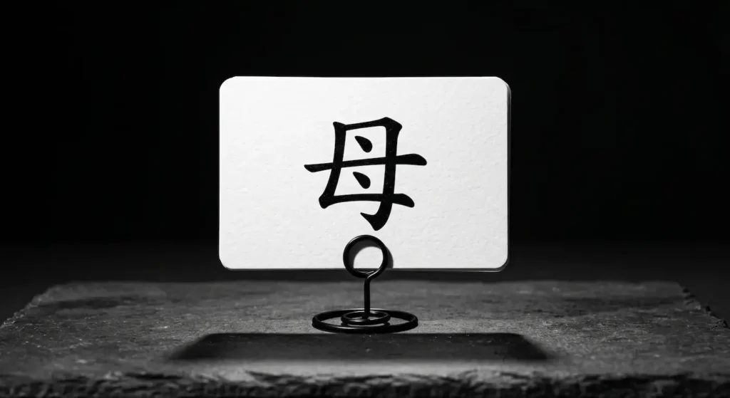Una tarjeta de estudio de gran contraste con el kanji de madre en estilo caligráfico regular Kaisho