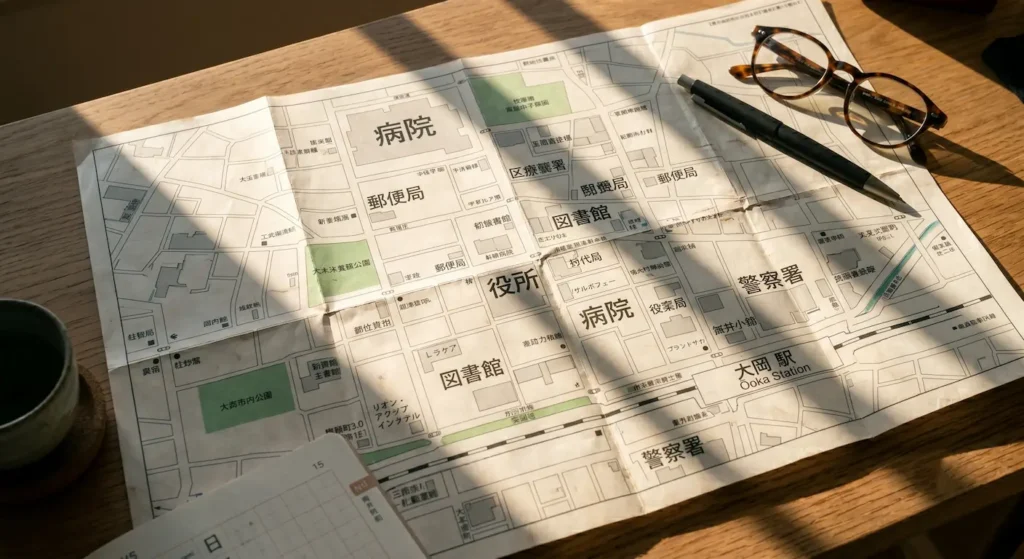 Vista de ángulo ancho de un mapa de transporte o plano urbano real de una ciudad japonesa, destacando las palabras de servicios públicos en kanji.