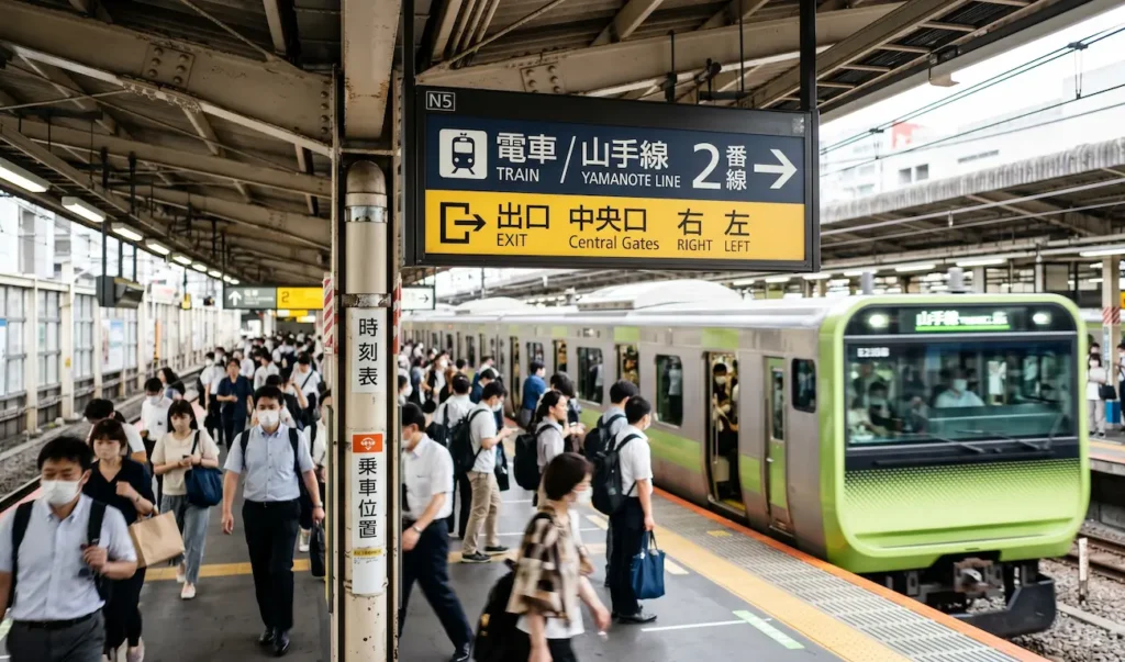 Cartel de señalización real en un andén de tren de Tokio que muestra las palabras escritas con kanjis básicos del nivel N5