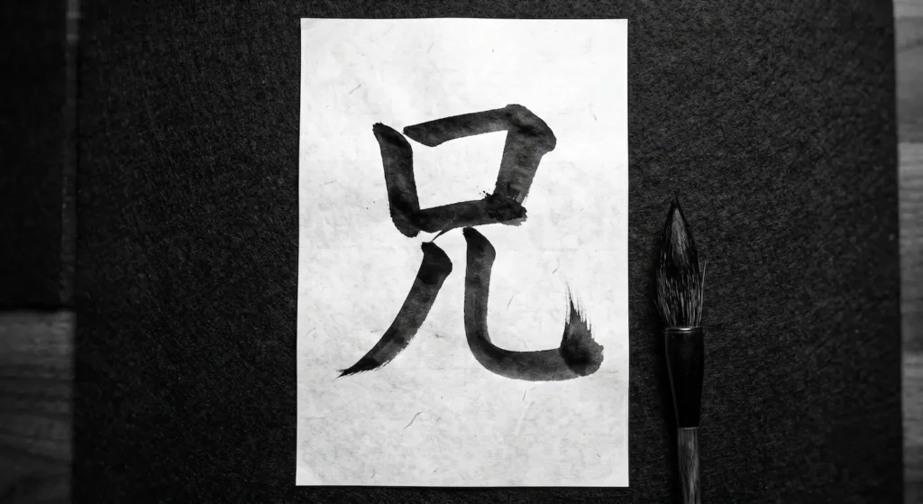 Una hoja de papel washi tradicional donde se aprecia la composición caligráfica del kanji de hermano mayor