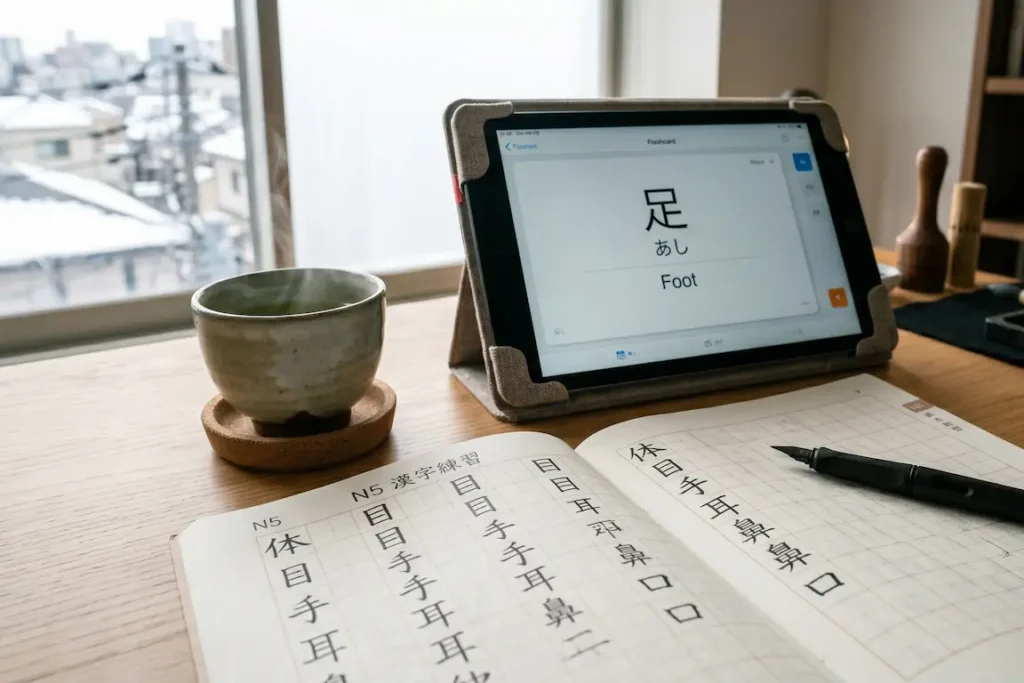 Un cuaderno de estudio abierto sobre una mesa de madera con caligrafía manuscrita de los kanjis de las partes del cuerpo y tarjetas de memoria.
