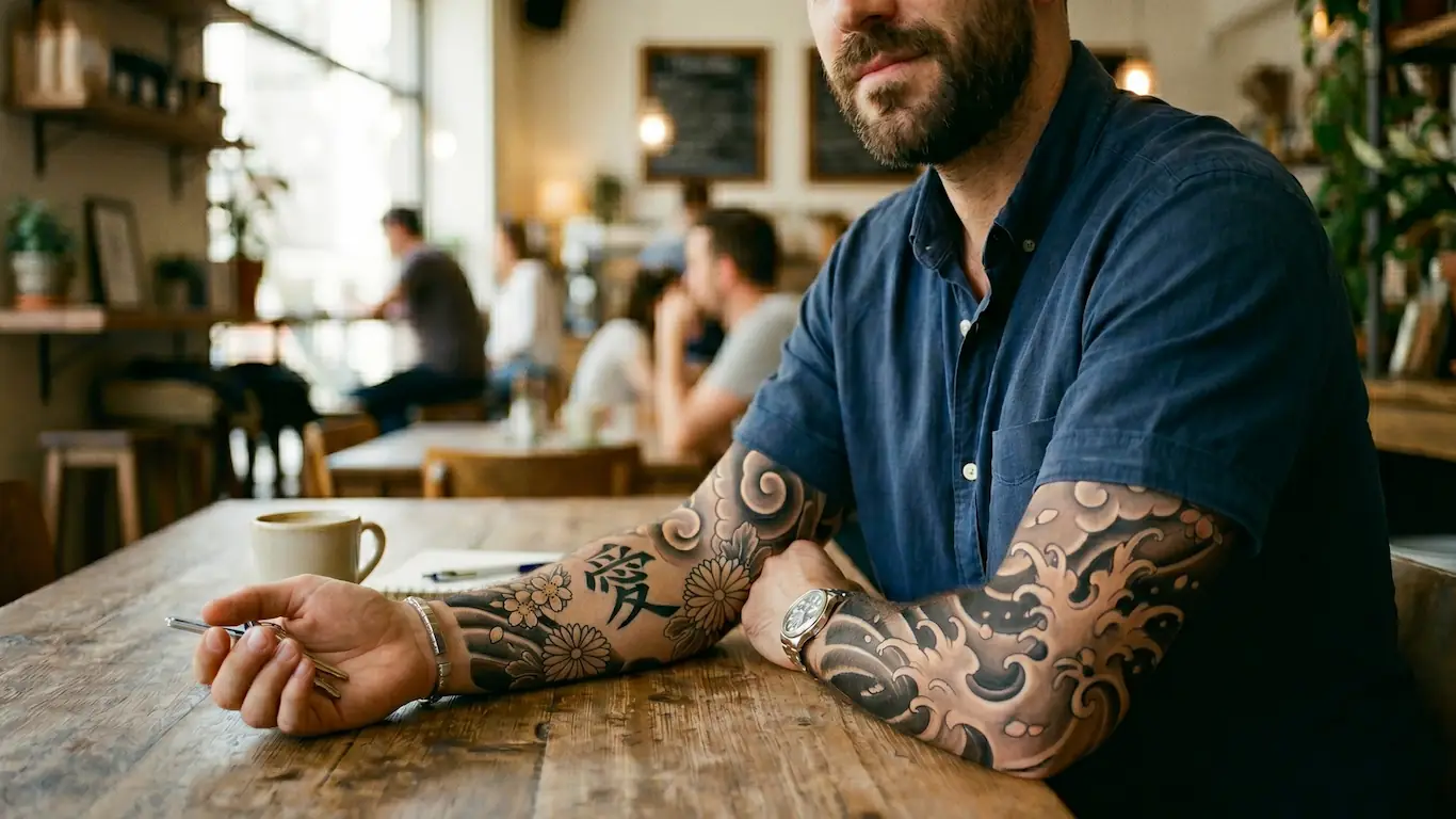Vista de ángulo ancho de un hombre en una cafetería mostrando un tatuaje realista del kanji de amor Ai en su antebrazo.