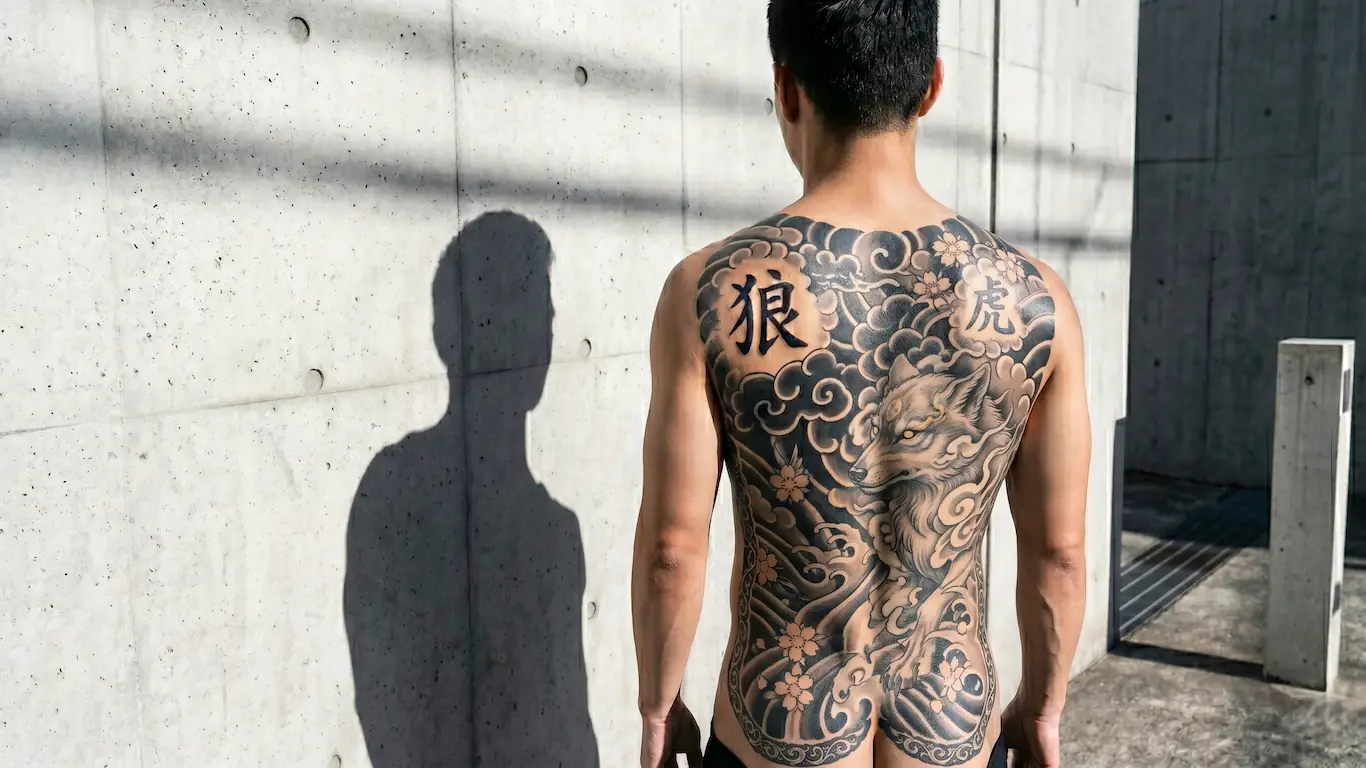 Un hombre de espaldas en un entorno urbano luciendo un tatuaje minimalista y realista del kanji de lobo en el omóplato