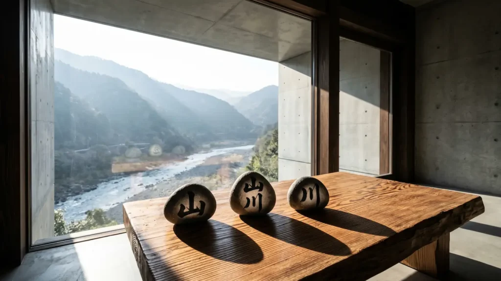 Una mesa baja de madera rústica frente a un gran ventanal abierto hacia un río y montañas, con piedras de río que llevan kanjis grabados
