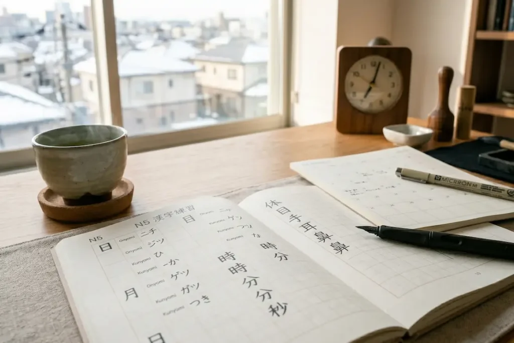 Vista general de un escritorio de estudio con un cuaderno abierto mostrando esquemas de los kanjis del tiempo y un reloj tradicional de madera