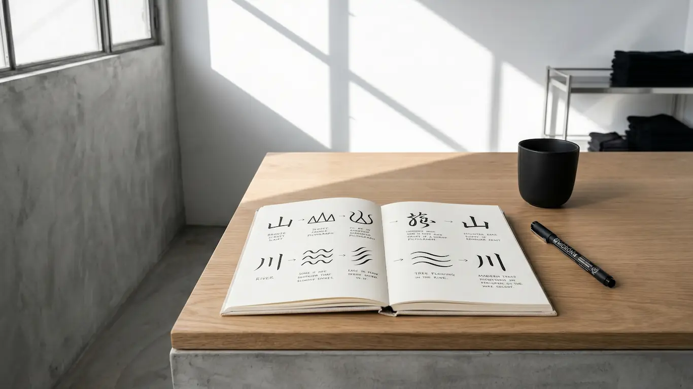 Vista de ángulo ancho de un escritorio de estudio con un cuaderno mostrando la evolución pictográfica de los kanjis de la naturaleza.
