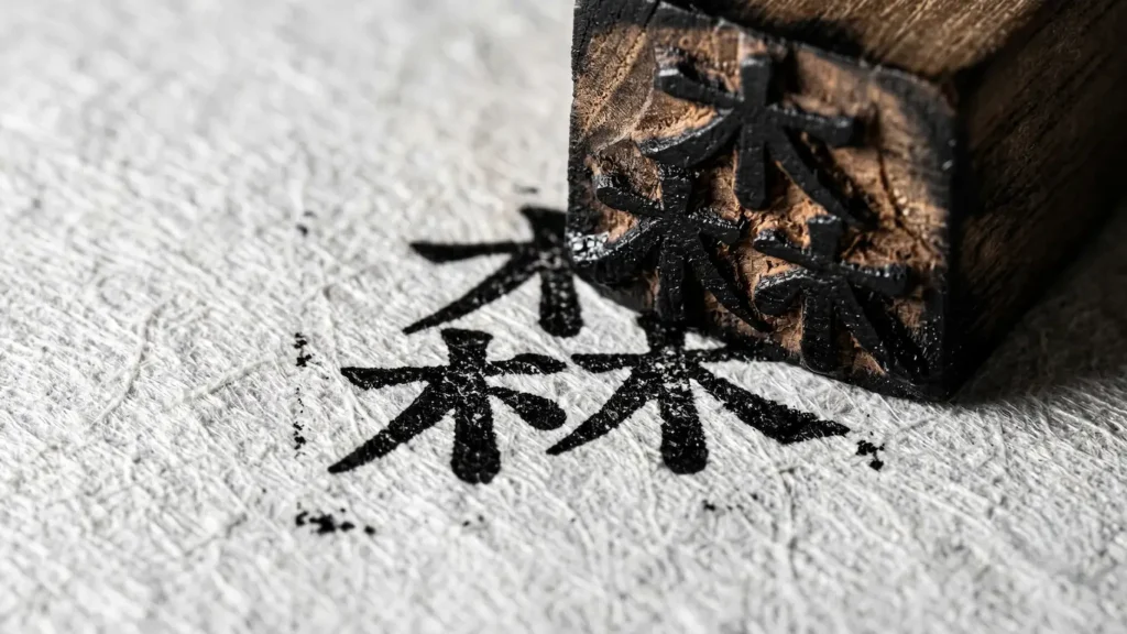 Un sello de madera tradicional estampando la estructura triple del kanji de bosque denso sobre papel washi