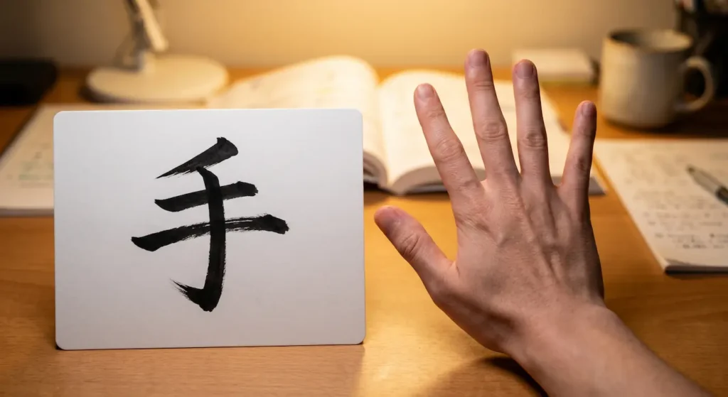 Una mano humana real extendida junto a una tarjeta de estudio donde aparece dibujado el kanji de mano, comparando las formas.