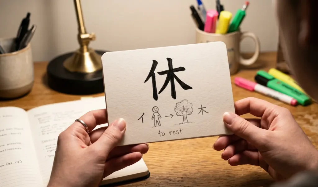 Plano medio de una mano sosteniendo una tarjeta de estudio casera que explica visualmente la composición mnemotécnica del kanji de descansar.