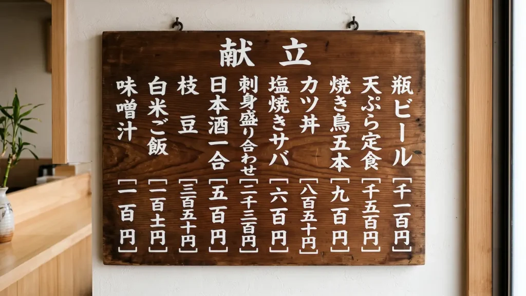 Una tablilla de madera negra en un restaurante de Tokio con el menú y los precios escritos a mano con caracteres numéricos japoneses