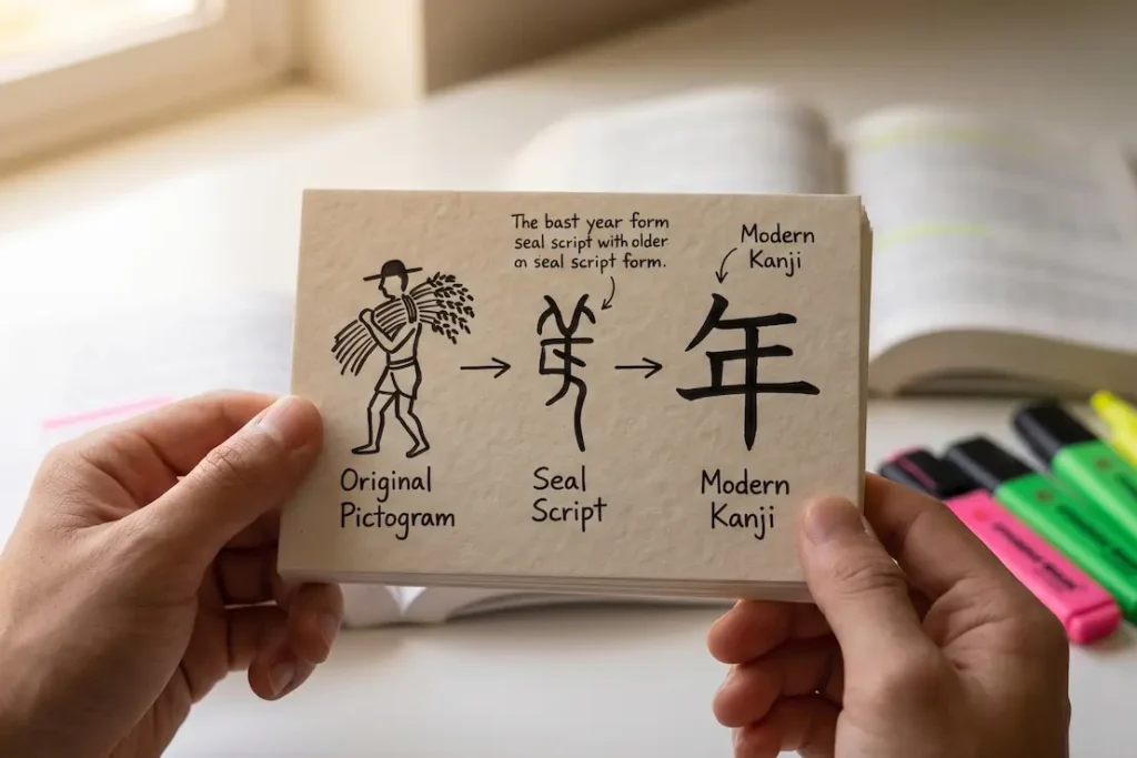 Una tarjeta mnemotécnica que muestra la evolución del kanji de año a partir de un dibujo antiguo de una persona cargando arroz