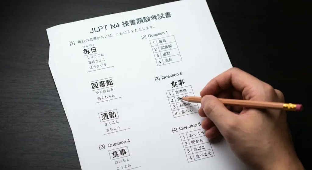 lano medio de un simulacro de examen oficial del JLPT N4 impreso en papel rugoso, mostrando una pregunta de opción múltiple con variaciones fonéticas.