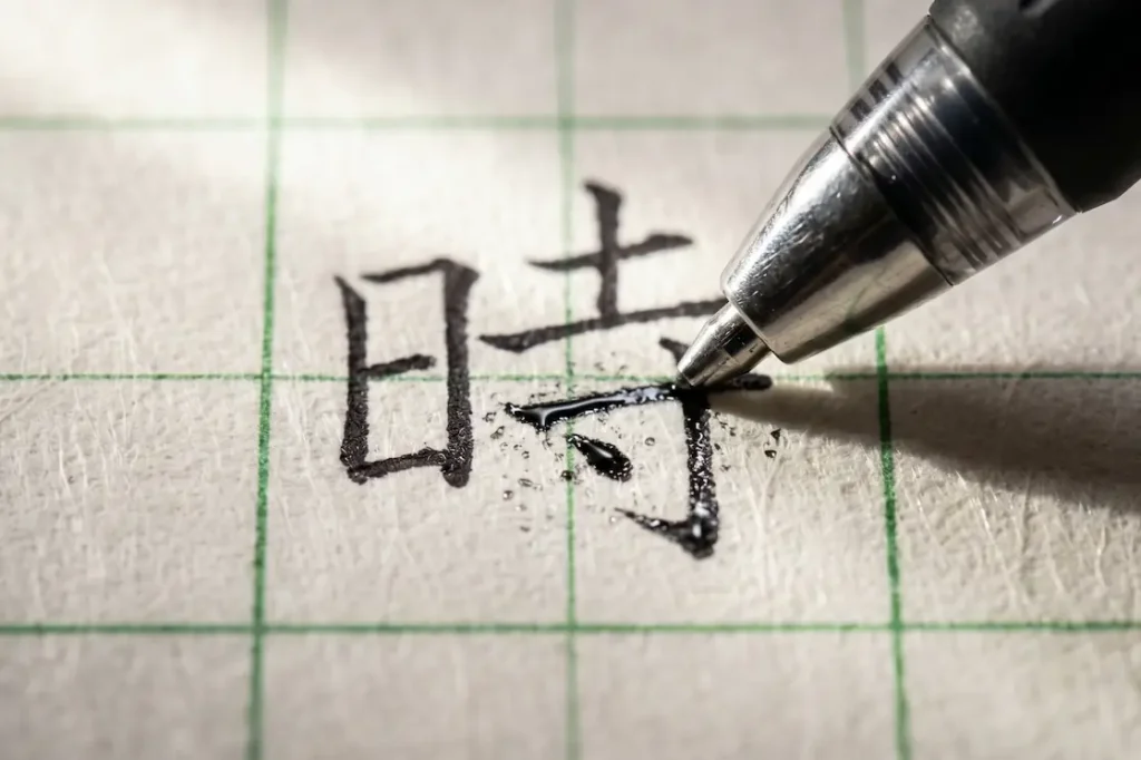La punta de un bolígrafo sobre papel cuadriculado trazando las líneas del radical derecho del kanji de hora
