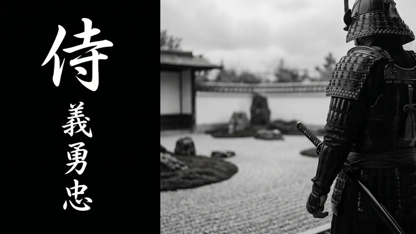 Un samurai de espaldas contempla un jardín zen, con caligrafía vertical blanca de los kanjis SAMURAI y las virtudes del Bushidō.