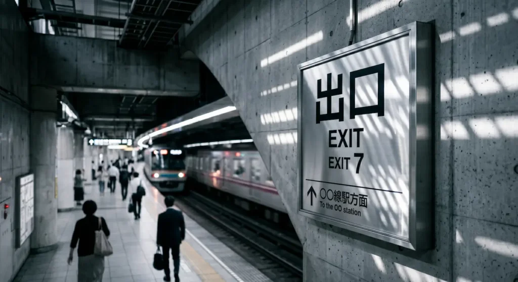 Un panel de señalización metálico real en una salida de metro de Tokio que muestra el carácter básico de boca
