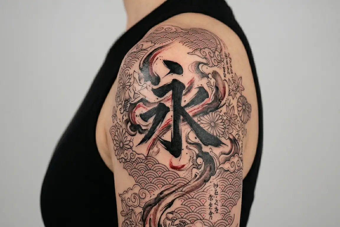 Primer plano del hombro de una persona mostrando un tatuaje caligráfico del kanji de eternidad Ei con trazos fluidos.