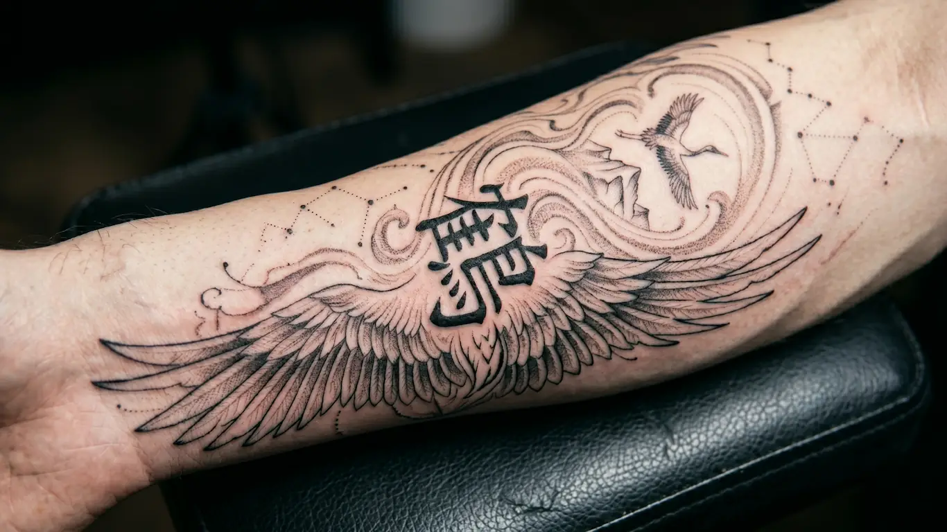 Primer plano de la muñeca de un hombre donde se aprecia un tatuaje fino y realista del kanji de grulla Tsuru.