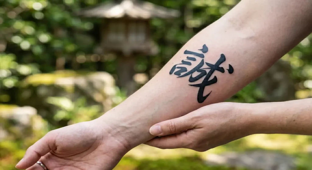 Plano medio de un brazo masculino que luce un tatuaje curado del kanji Makoto en estilo caligráfico de trazo grueso.