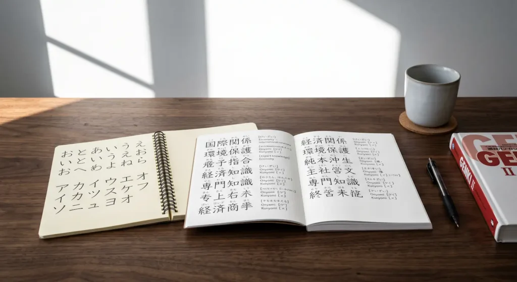 Vista amplia de un escritorio de madera con dos cuadernos de estudio que muestran la diferencia de complejidad entre el nivel N5 y el temario N4