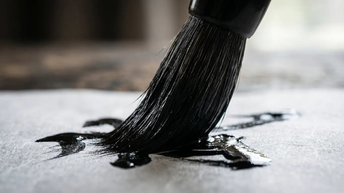 Detalle de pincel de sumi y tinta negra trazando el kanji de guerrero 武 sobre papel de arroz con textura.