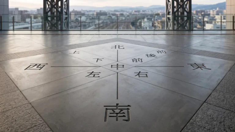 Una brújula de suelo japonesa en una estación de tren. En el centro, el kanji 中 (centro) está rodeado por 北 (Norte), 南 (Sur), 東 (Este) y 西 (Oeste). También muestra direcciones relativas como 右 (derecha), 左 (izquierda), 前 (delante) y 後 (detrás).