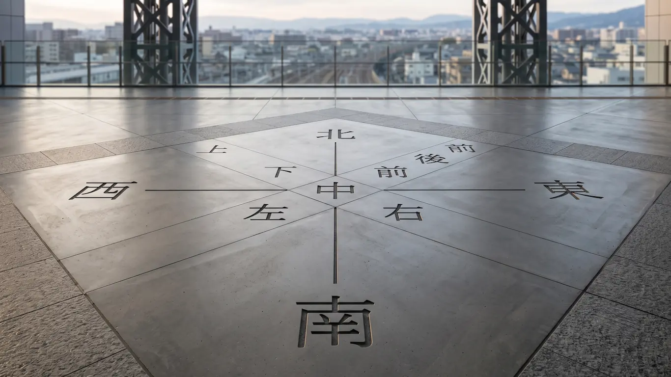 Una brújula de suelo japonesa en una estación de tren. En el centro, el kanji 中 (centro) está rodeado por 北 (Norte), 南 (Sur), 東 (Este) y 西 (Oeste). También muestra direcciones relativas como 右 (derecha), 左 (izquierda), 前 (delante) y 後 (detrás).