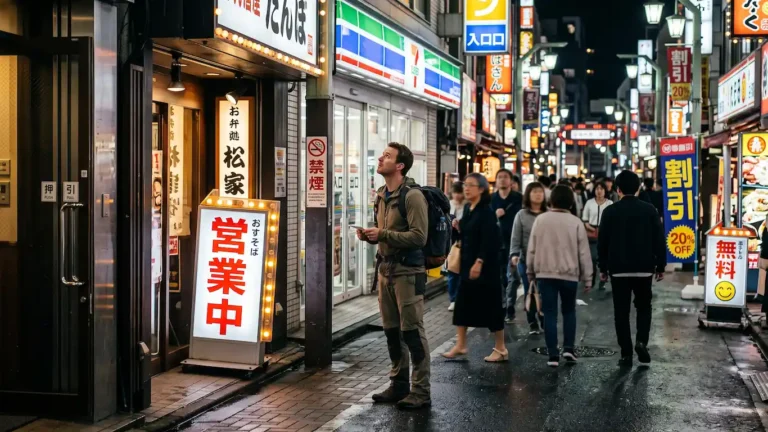 Un viajero occidental con mochila de pie en una concurrida calle nocturna de Japón, rodeado de carteles luminosos con kanjis. En primer plano, un cartel vertical destaca los kanjis de la calle en Japón 営業中 (Abierto). La imagen ilustra el reto de la señalización japonesa para los turistas