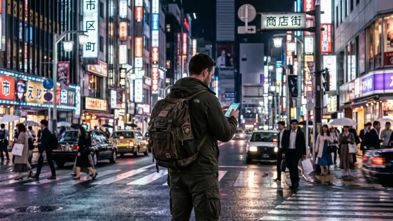 Fotografía documental en plano horizontal de un turista occidental de espaldas, parado en una encrucijada urbana de Japón durante la noche. El viajero consulta una app de mapas en su smartphone, intentando descifrar una dirección en un barrio sin nombres de calles. A su alrededor brillan carteles de neón que integran kanjis geográficos fundamentales como 市 (ciudad), 区 (distrito), 町 (barrio) y un letrero que indica una 商店街 (calle comercial)