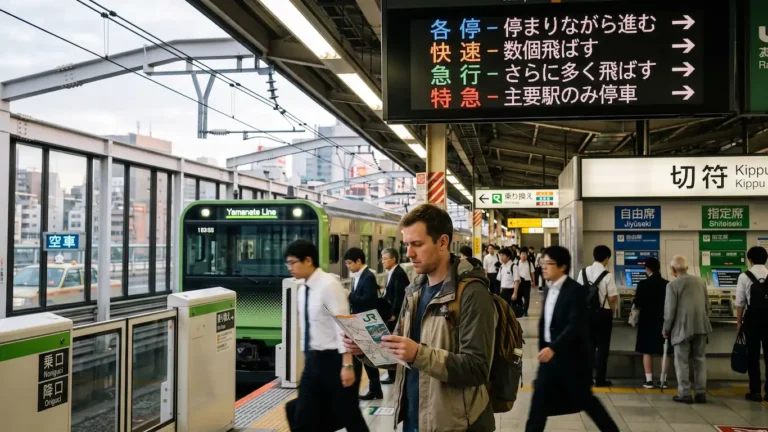 A candid, documentary-style photograph of an adult Caucasian male tourist looking focused and reading a JR train map booklet while standing on a busy, elevated Shinjuku Station platform in Tokyo at late afternoon. The foreground shows commuters, and above him, a large electronic overhead LED screen clearly displays the hierarchy of train speeds with kanji: 各停 (Kakutei), 快速 (Kaisoku), 急行 (Kyūkō), and 特急 (Tokkyū), alongside brief descriptive text in English. Kanjis del metro
