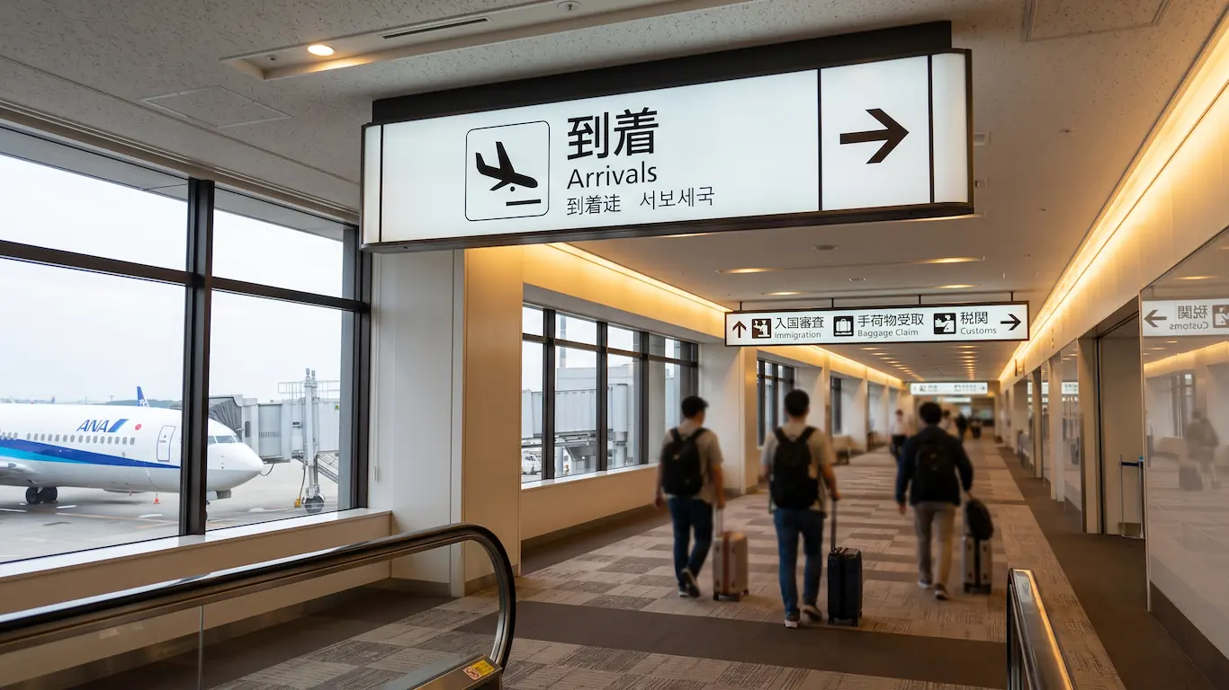 Cartel de señalización trilingüe sobre el pasillo de llegadas del aeropuerto de Narita, Japón. Arriba a la derecha, los kanjis grandes 到着 (Tōchaku) y abajo el texto en inglés "Arrivals". En el fondo, pasajeros borrosos caminan hacia la salida