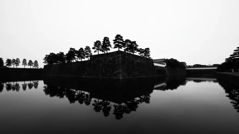 Vista de gran angular del Palacio Imperial de Tokio rodeado por un foso de agua limpia y muros de piedra geométrica al amanecer.