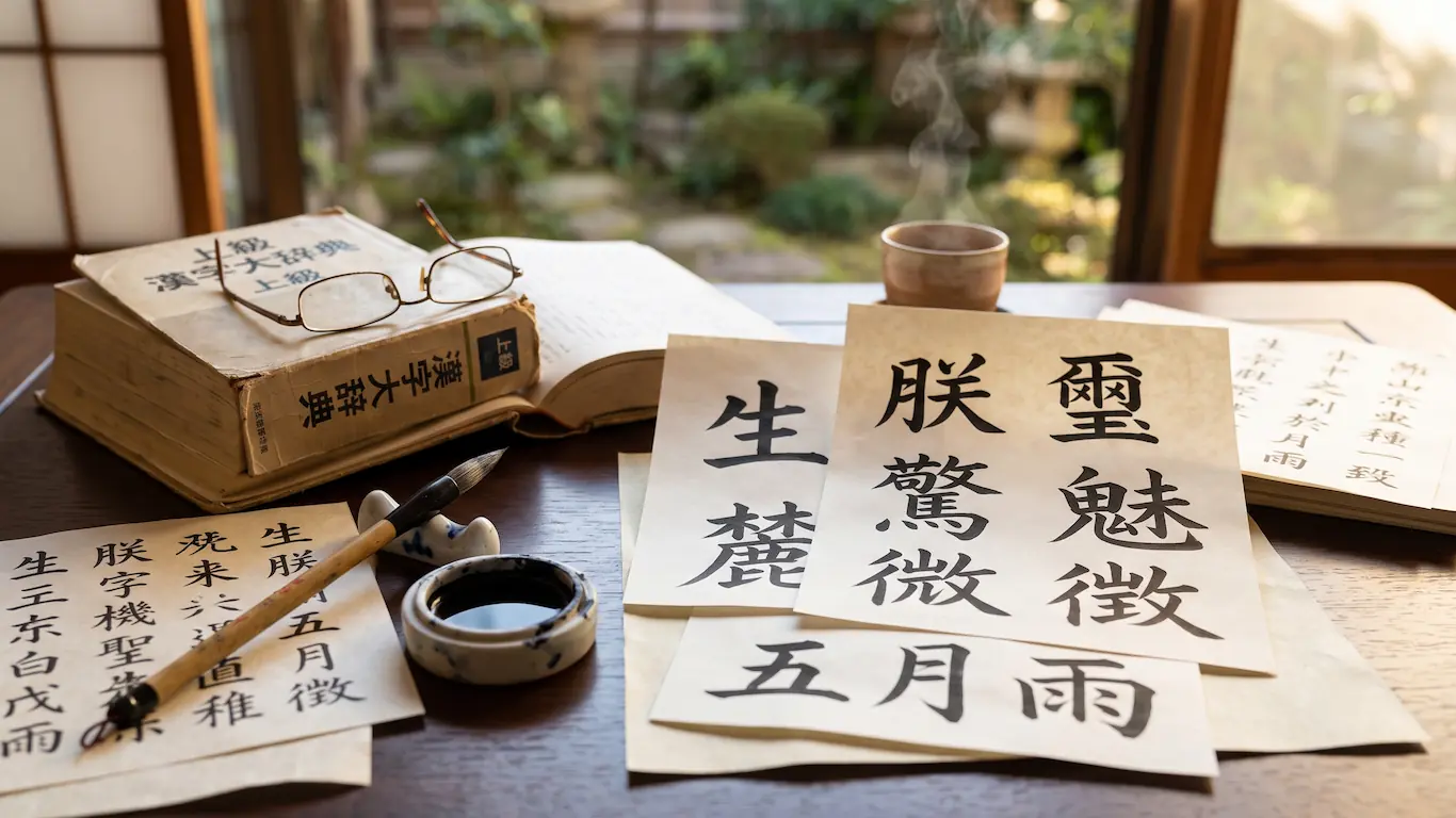 Una mesa de estudio japonesa tradicional con pincel, tinta, un diccionario antiguo y hojas de papel washi que muestran los kanjis complejos '生', '驚' y '五月雨'