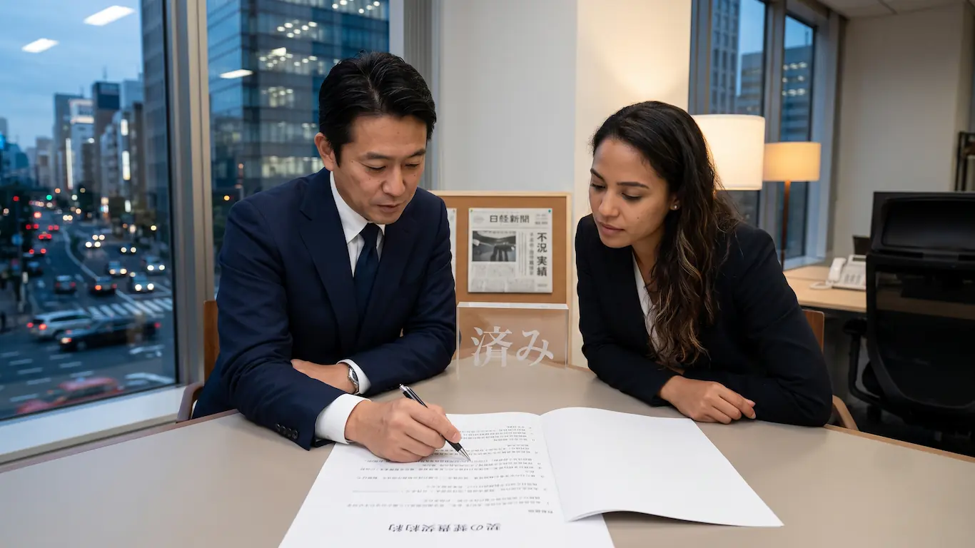 Dos profesionales (hombre japonés y mujer extranjera) en una oficina de Tokio discutiendo un contrato de trabajo. El hombre señala el kanji 契約 (Keiyaku). Sobre la mesa, un bloque de acrílico grabado muestra el kanji 済み (Zumi, Completado). Al fondo, un periódico Nikkei con titulares como 不況 y el skyline de Tokio al atardecer