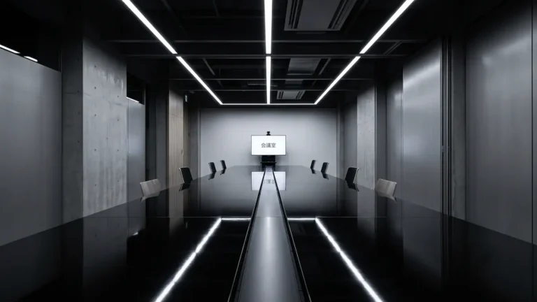 Vista de gran angular de una sala de reuniones rectangular vacía con una mesa oscura brillante y paneles de luz LED blanca al fondo