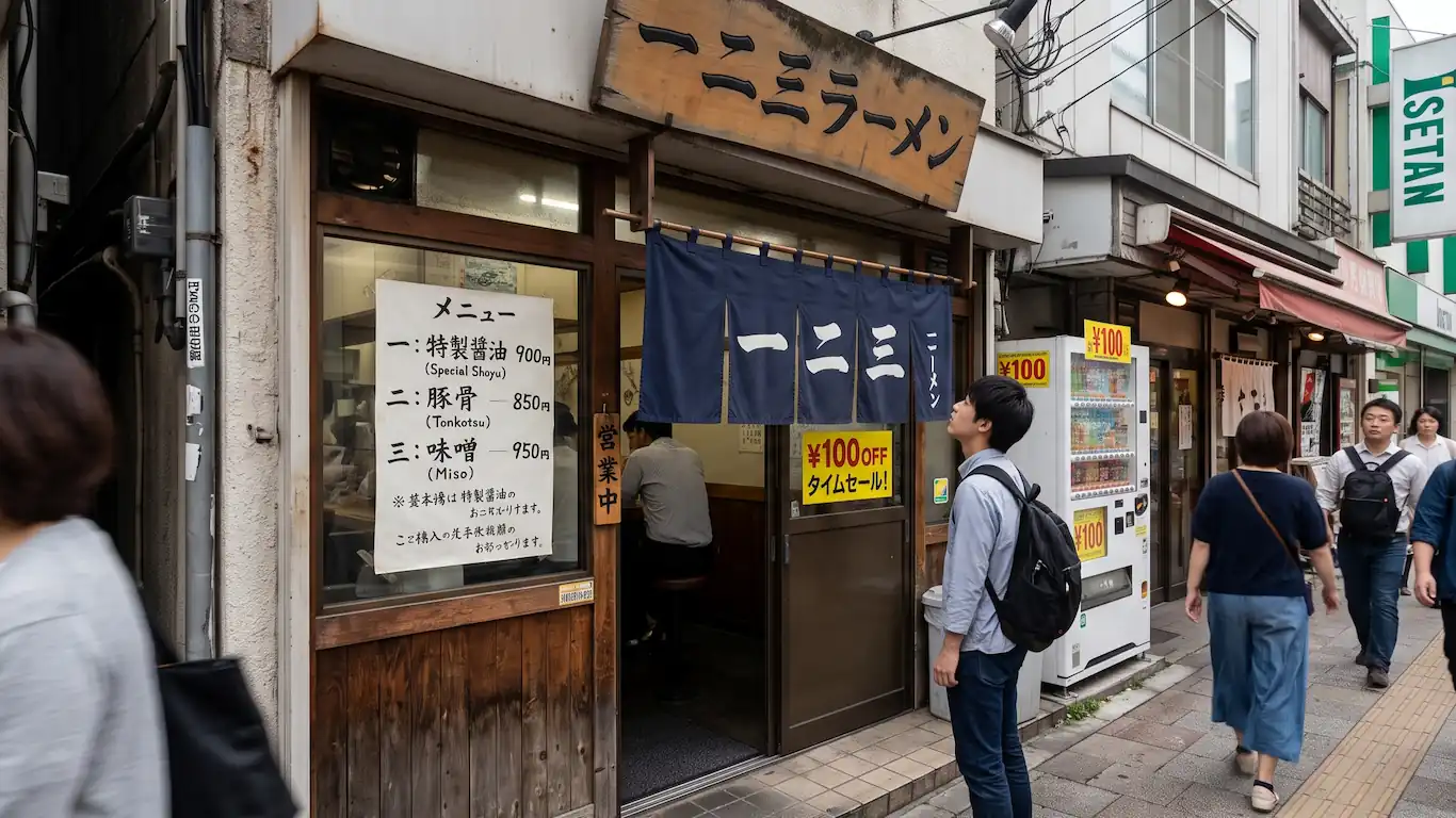 Una calle comercial en Shinjuku con un restaurante de ramen cuyo cartel dice '一二三ラーメン' (Ramen Uno-Dos-Tres) y un menú manuscrito con precios y ofertas visibles