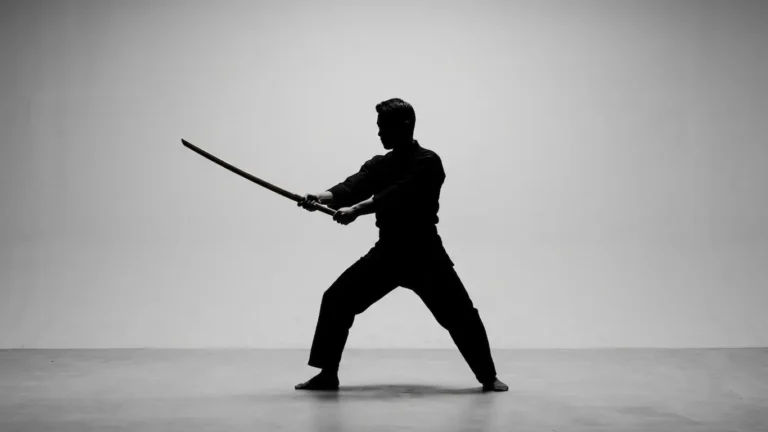 Plano medio de una silueta humana ejecutando una guardia kamae perfecta con una espada bokken de madera texturizada.